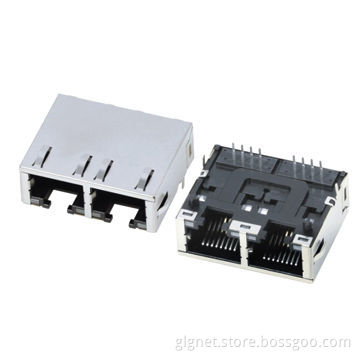 1*2 port RJ45 connector, PCB jacks, with shielding, low height, flat pin & with light pipe